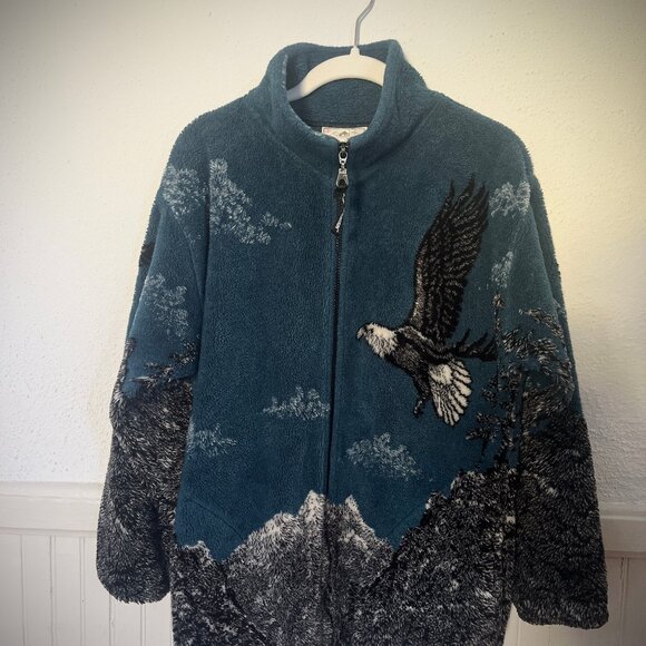 Eagles and Snowy Mountains High Pile Fleece Vintage 90s Zip Front Jacket (Small) - Picture 1 of 8